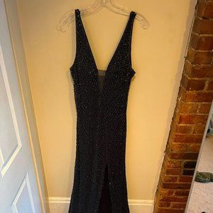 Primavera dress (size 14) full beaded, deep V with slit, backless, midnight blue